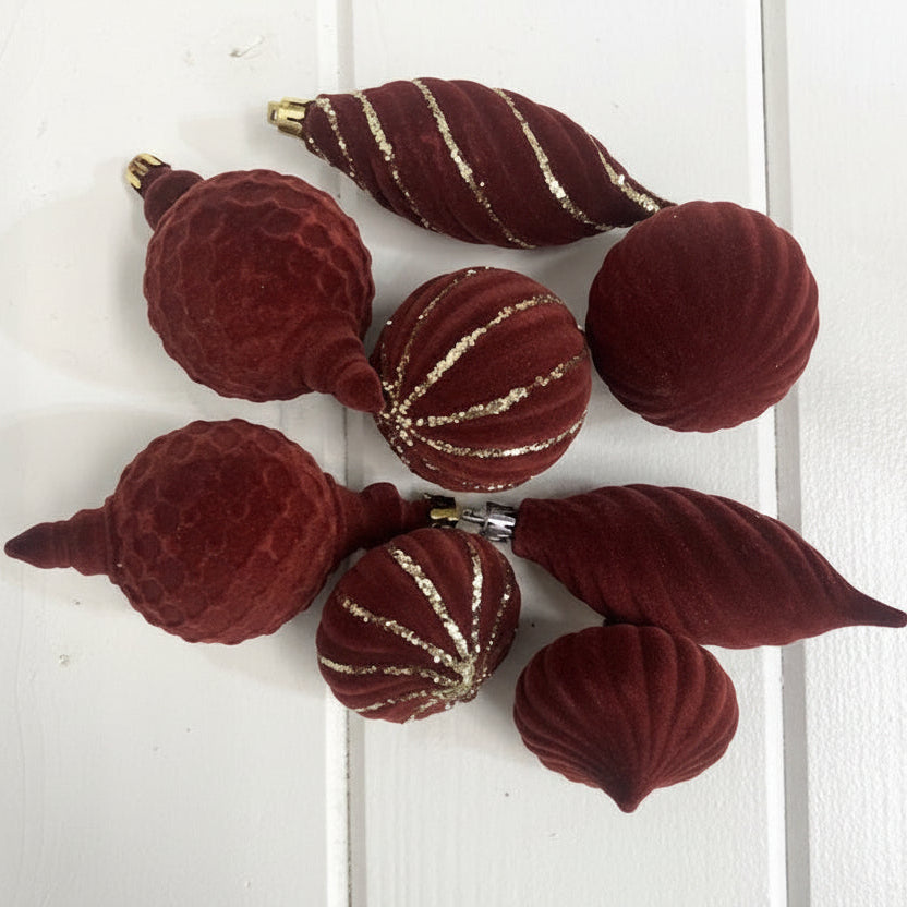 Burgundy & Gold Sparkle Flocked Ornaments- Assorted