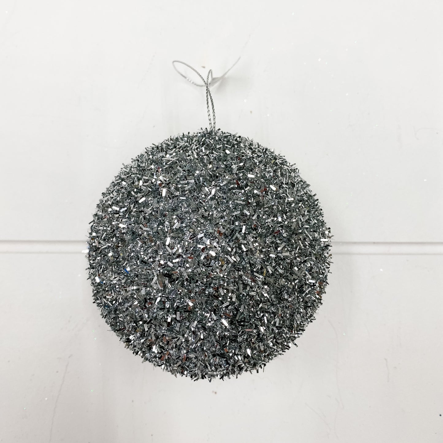 Silver Tinsel Ball Ornament