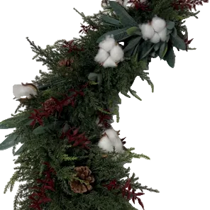Embellished Cotton/Burgundy Ruskus/Pine Cone Cedar Garland