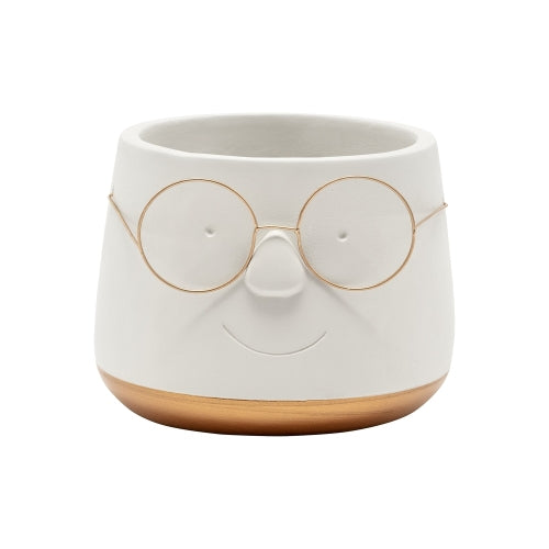 White with Gold Concrete Face with Glasses Pot
