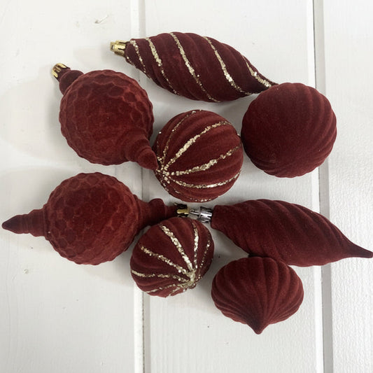 Burgundy & Gold Sparkle Flocked Ornaments- Assorted