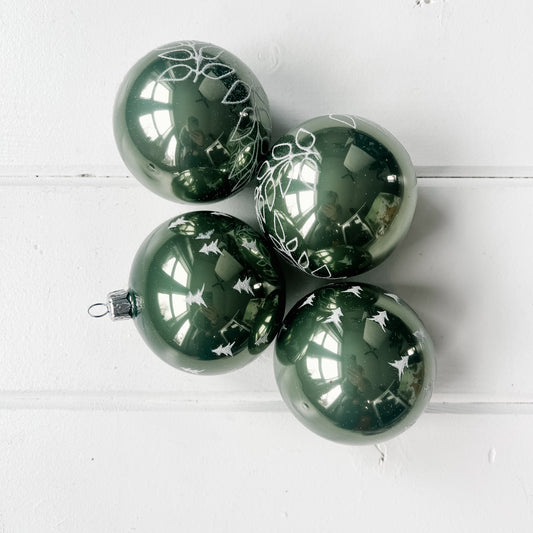 Green & White Tree Printed Glass Ball Ornaments