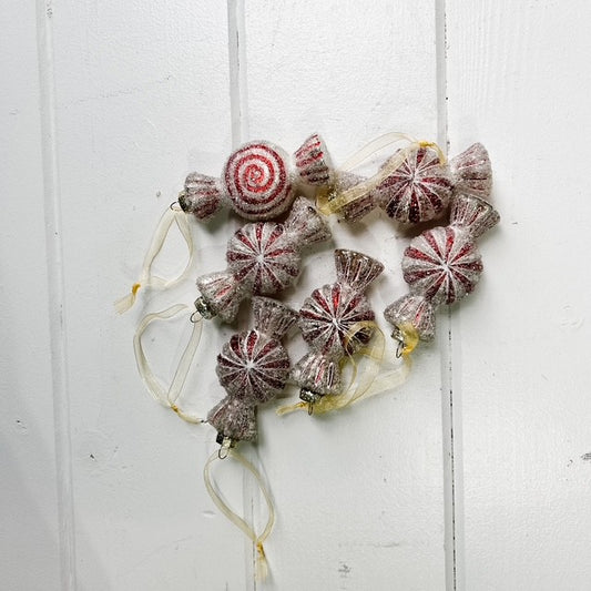 Flocked & Sparkled Red & White Candy Ornaments