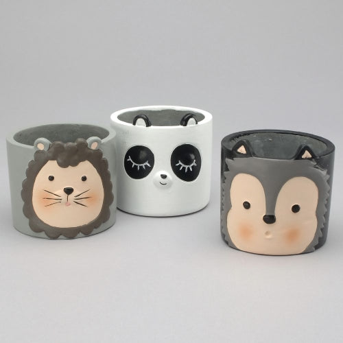 Cute Cement Lion, Panda, Bear Face Pots