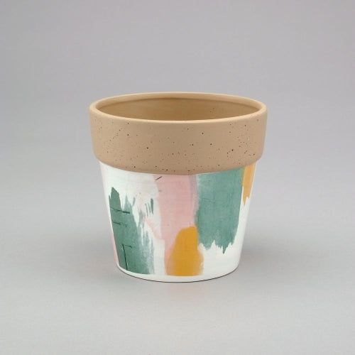 Beige Ceramic Pot with Abstract Spring Design