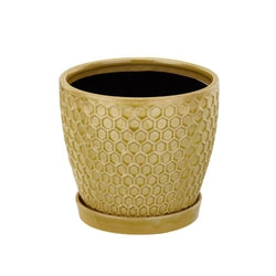 Yellow Ceramic Honeycomb Pot with Saucer