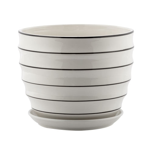 White with Black Ceramic Ribbed Pot with Saucer