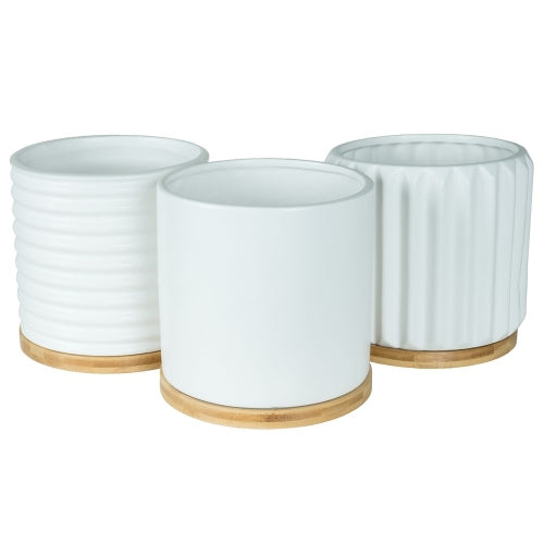White Ceramic Pots with Wood Base
