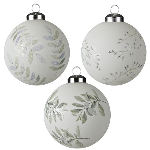 White Glass Ball Ornaments w/Branches & Leaves