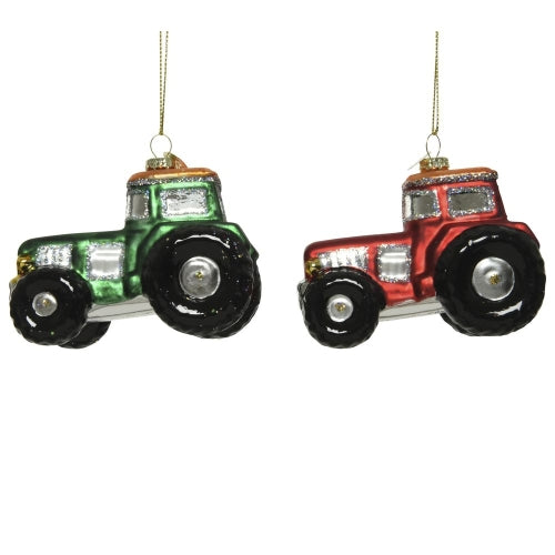 Red Vs. Green Glass Tractor Ornaments