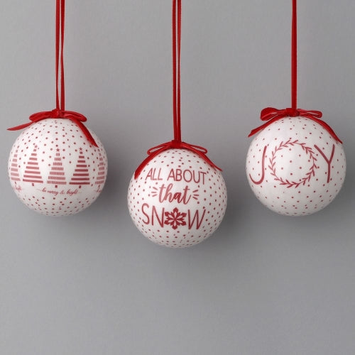White & Red Holiday Sayings Ball Ornaments