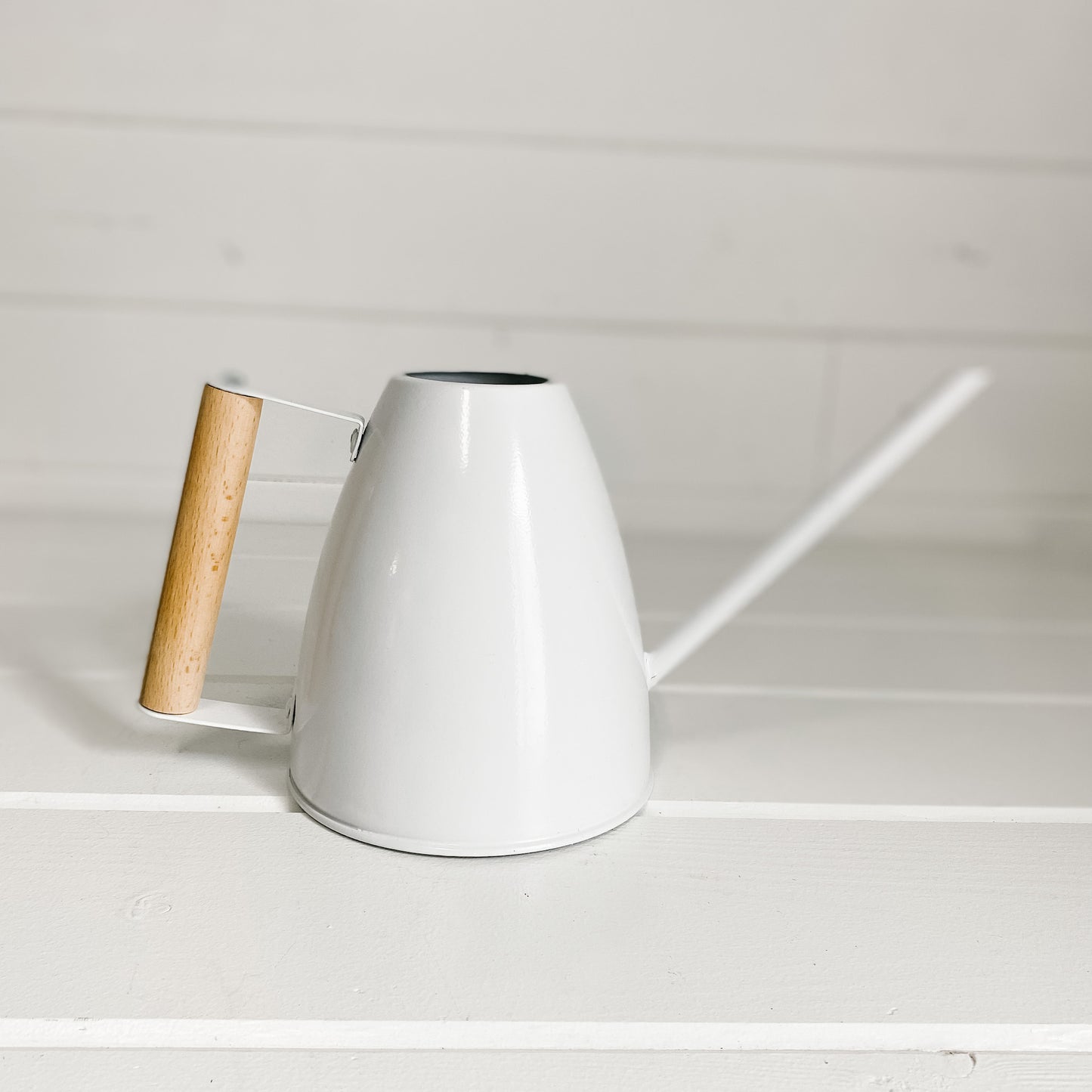 White Watering Can with Wooden Handle