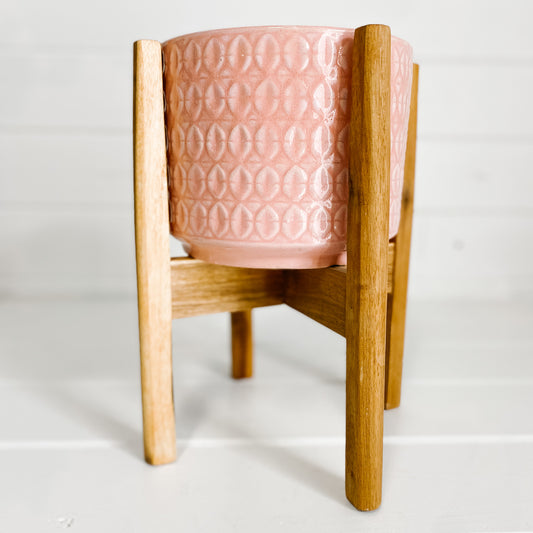 Blush Ceramic Pot on Wooden Stand