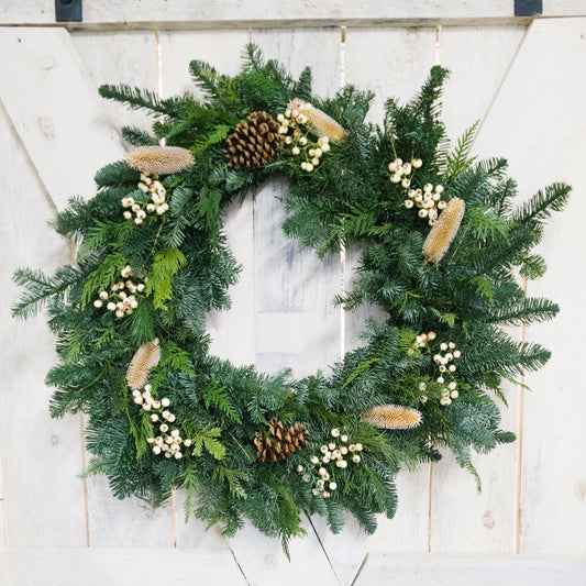Fresh Winter Greens Wreath with Cream & Pine Cone Embellishments