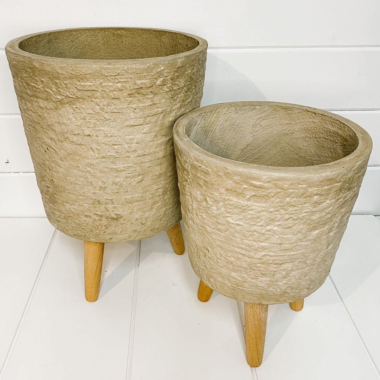 Beige Textured Fibreclay Plant Pot on Wooden Legs