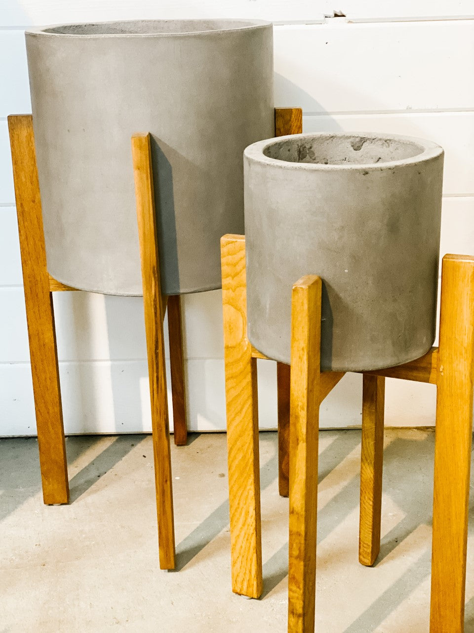 Grey Concrete Pot on Wood Stand- 2 sizes