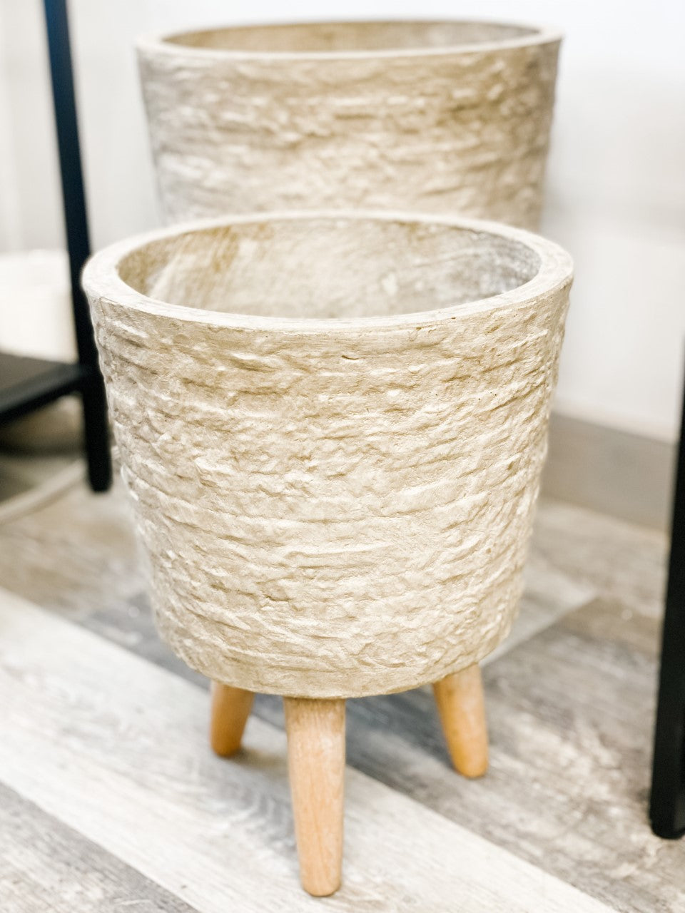 Beige Textured Fibreclay Plant Pot on Wooden Legs