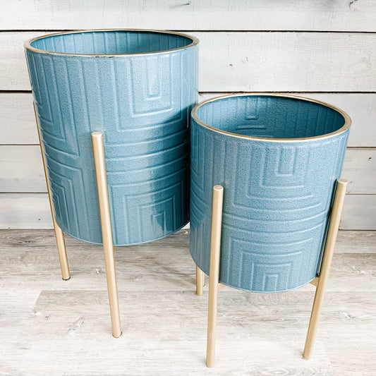 Blue and Gold Metal Planter - Two Sizes