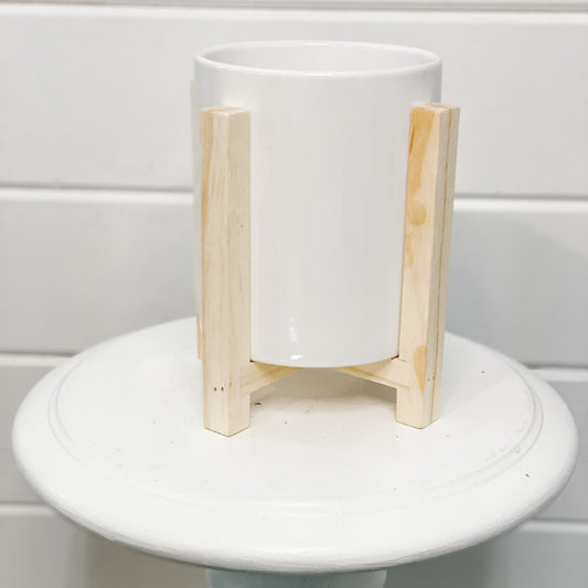 White Ceramic Pot with Wooden Stand