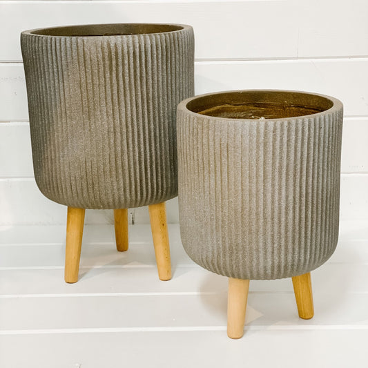 Taupe Distressed Fibre Clay Pots on Wooden legs