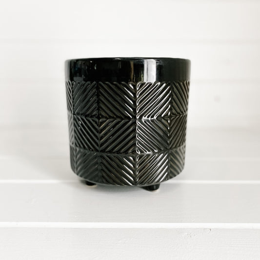 Glossy Black Designed Footed Ceramic Pot