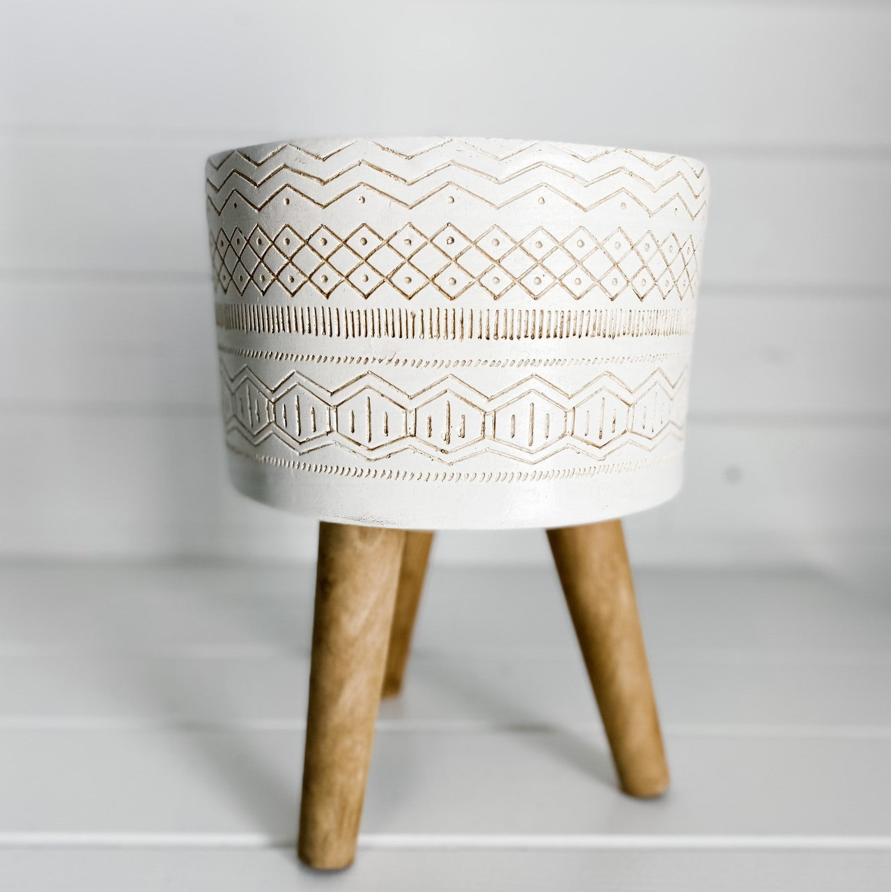 White/Terracotta Designed Pot on Wood legs