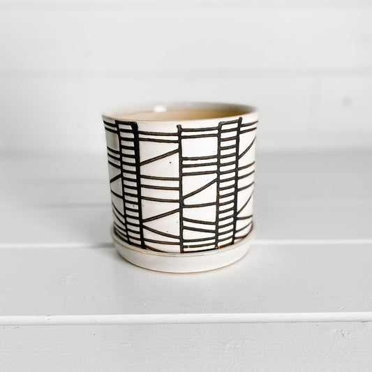 White & Brown Lined Ceramic Pot